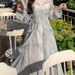New European And American Super Fairy Gradient Misty Square Neck Floral Dress For Women With Butterfly Ruffle Hem_ecoleips.com