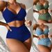 Women's Clothing solid color split swimsuit gathered sexy high waist beach bikini set_ecoleips.com