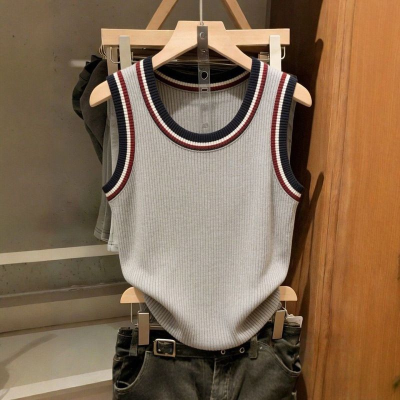 Women's Sleeveless Layering Tank Top - Breathable Knit Polyester, Seamless Design, Versatile Grey Basic For Casual & Streetwear Outfits_ecoleips.com