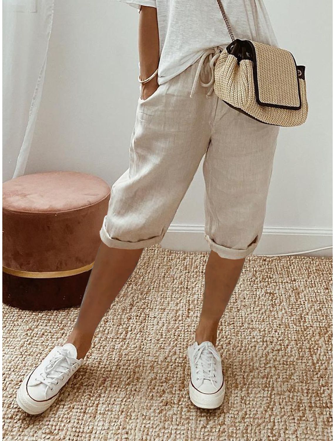 Women's Cotton Linen Casual Pants With Pockets Elastic Waist Five Point Trousers For Commuting Style Product_ecoleips.com