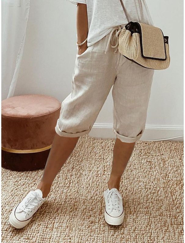 Women's Cotton Linen Casual Pants With Pockets Elastic Waist Five Point Trousers For Commuting Style Product_ecoleips.com