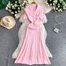 Elegant Pearl Button Detail Knitted Long Dress for Women Gentle Fit Slim Fit Pleated New Style 2026_ecoleips.com