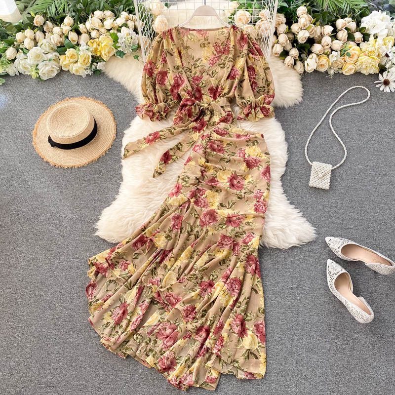 Women's Premium Resort Style Two Piece Set Short Tie Waist Chiffon Blouse Sexy Fishtail Skirt New 2020_ecoleips.com