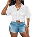 In-stock Cross-border Foreign Trade European Size Casual Pocket Solid Color Short-sleeve With Collar, Loose Fit, Cropped_ecoleips.com