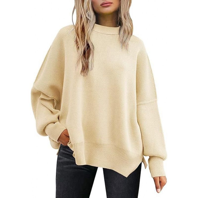 Women's Round Neck Bat Wing Long-Sleeve Knit Sweater With Side Slit And Oversized Size_ecoleips.com