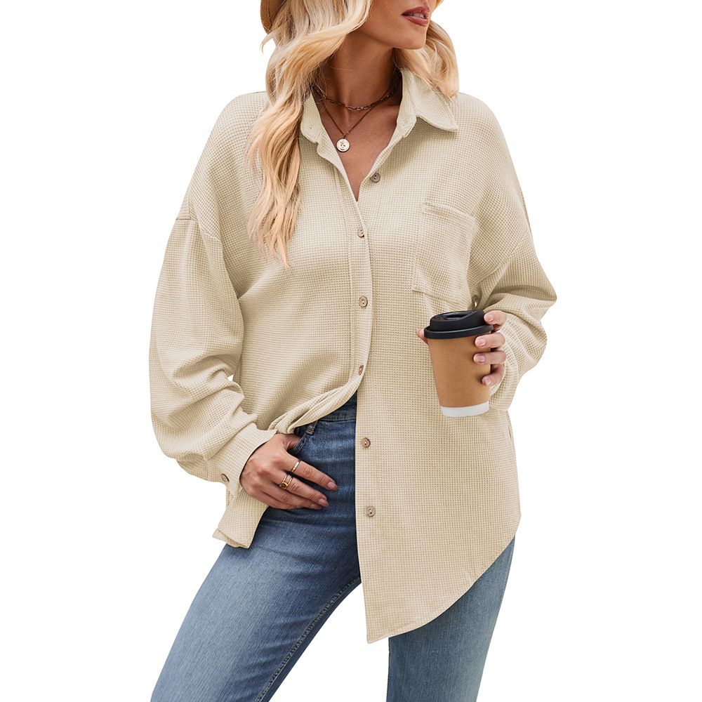 Verve 2025 Women's Autumn Winter New Casual Loose Pocket Waffle Pattern Fashion Shirt_ecoleips.com