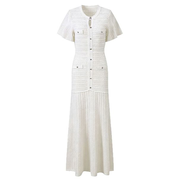 Elegant round Neck Short Sleeve Dress for Women Slimming Waist Long Knitwear Casual Fashion Spring/Autumn Summer_ecoleips.com