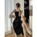 Slit Design Camisole For Women Summer New Hepburn Style Waist-Cinching Slimming Mid-Length Little Black Dress_ecoleips.com
