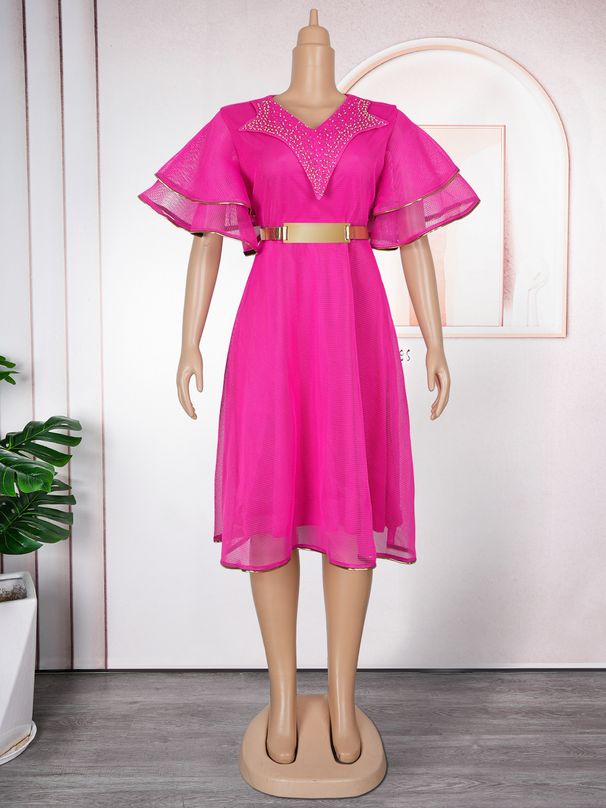 Women's Clothing Large Size V Neck Hip Skirt High Waist Bubble Bead Dress With Belt_ecoleips.com