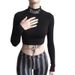 Women's Dark Themed High Neck Form Fitting Cropped Long Sleeved T-Shirt Casual Streetwear Top_ecoleips.com