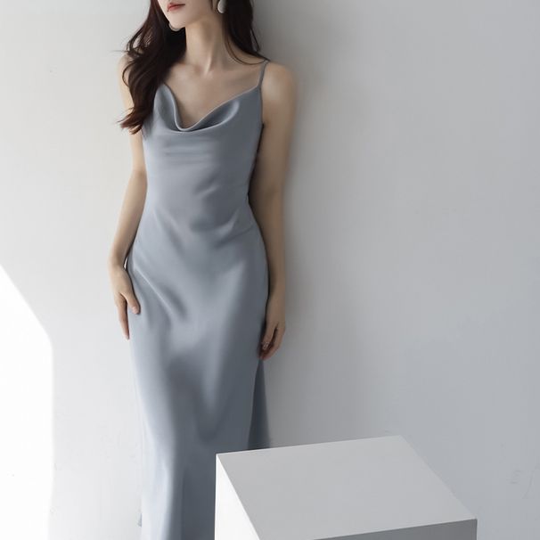 MZOMXL Acetate Texture Satin Swing Collar Strap For Women's Summer New Sleeveless Stunning Long Dress_ecoleips.com