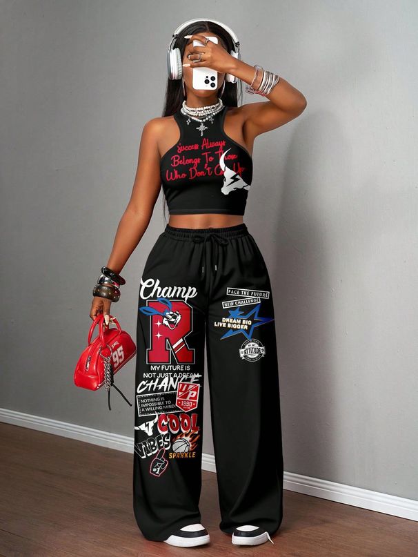 Women's Trendy Streetwear Hip Hop Print Vest + Wide Leg Pants Set - Stylish Summer Outfit For Casual Party Wear (Red, Gray, Pink, Black, Camo & More)_ecoleips.com