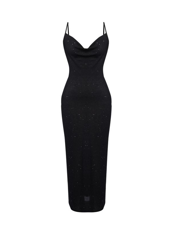 Women Spaghetti Strap Maxi Dress Square Neck Sequin Fitted Slit Bodycon Dress Sexy Spring Summer Party Club Evening Dress_ecoleips.com