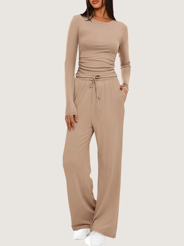 Women's Asymmetrical Design Casual Jumpsuit Long Sleeve Wide Leg Pants Multi-Occasion Sportswear Set Comfortable Stretchy Polyester Spandex Blend_ecoleips.com