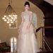 Elegant Long Evening Dress Champagne Colored Halter Neck Style for Emcees Students Coming of Age Ceremonies with Ethereal Tulle Skirt Women's Party Wear_ecoleips.com