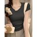 American Spice Girl Solid Color Simple V-Neck T-Shirt Women's 2026 Summer New Short Slim Versatile Pullover_ecoleips.com