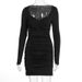 Women Sexy Fashion V Neck Smocked Long Sleeve Bodycon Pencil Dress Slim Fitted Solid Party Evening Cocktail Dress_ecoleips.com