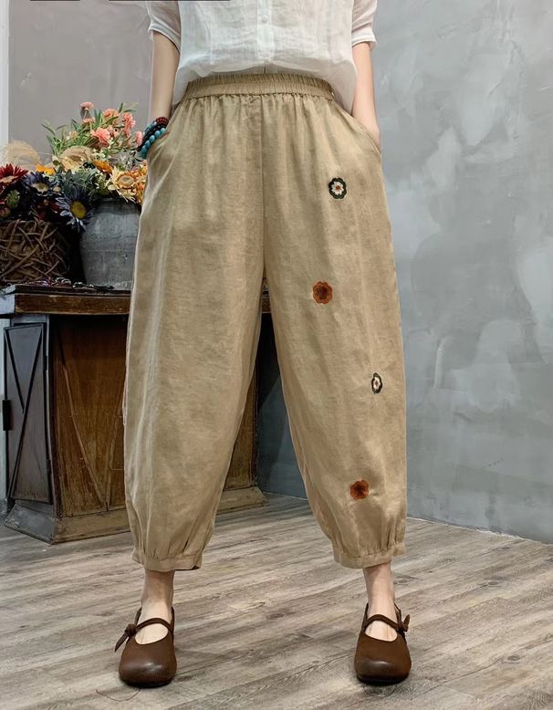 Suitable For All Seasons Artistic Embroidered Pure Linen 2025 Summer New Loose Casual Cropped Slimming Harem Pants For Women_ecoleips.com