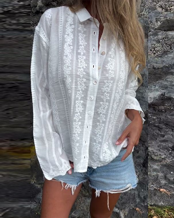 Women's Clothing Solid Color Embroidered Hollow All-match Polo Collar Cardigan Top_ecoleips.com
