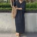 Women's Loose Short-Sleeved V-Neck Solid Color Plus-Size Cotton And Linen Long Skirt_ecoleips.com