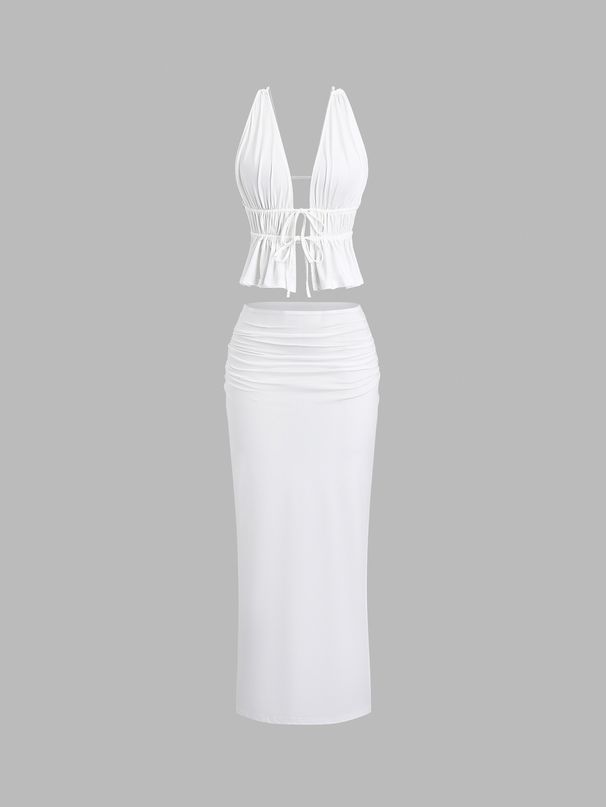 New Sexy Women's Milk Silk Top And Skirt Two-Piece Set_ecoleips.com