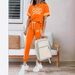 Women's Spring Summer Two Piece Set Round Neck Short Sleeve High Waisted Pants With Side Pockets Casual Comfortable Outfit_ecoleips.com