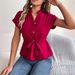 Real Shot Of 2026 Spring/Summer European And American Casual Solid Color Buttoned Drawstring Short-sleeve Shirt Top._ecoleips.com