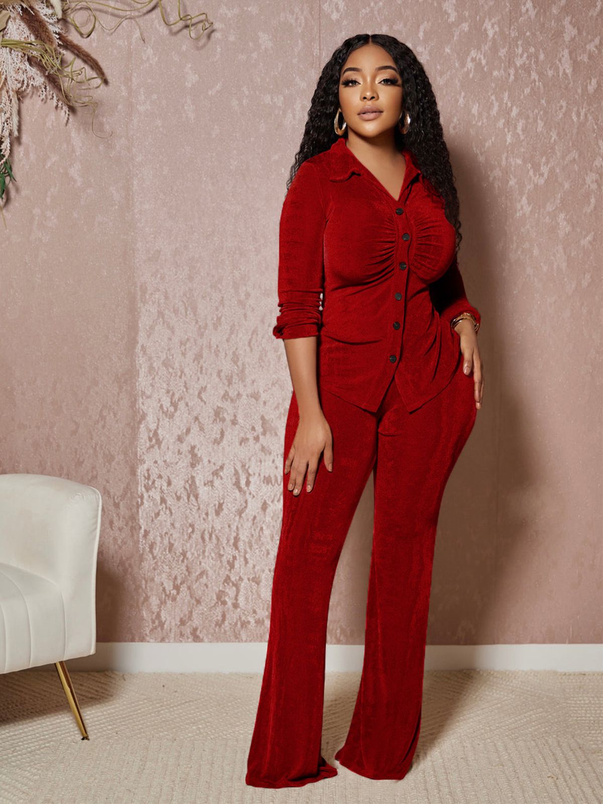 Women's Clothing Ladies Fashion Velvet Lapel Long Sleeved Button Down Shirt Slim Fit Flared Trousers Suit_ecoleips.com