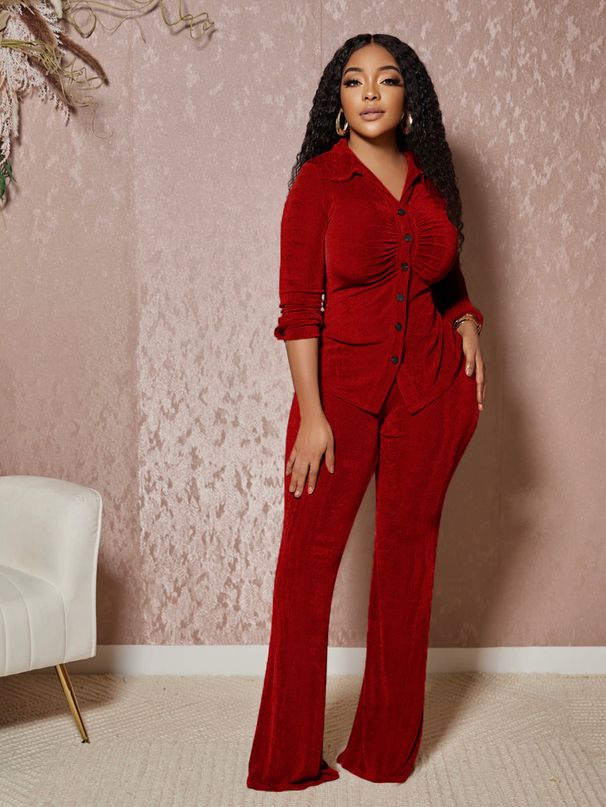 Women's Clothing Ladies Fashion Velvet Lapel Long Sleeved Button Down Shirt Slim Fit Flared Trousers Suit_ecoleips.com