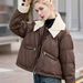 Women's Clothing PU Puffer Jacket With Knit Collar, Short Winter Coat, Warm Quilted Outerwear, Stylish Faux Leather Jacket For Casual & Office_ecoleips.com