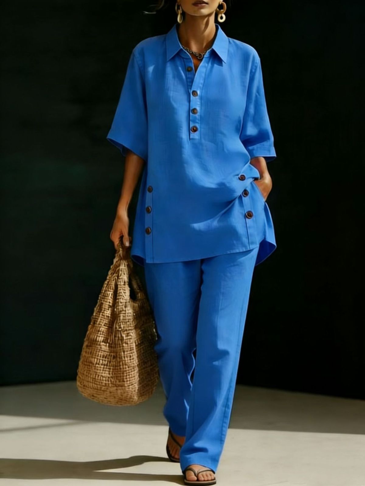 Women's Casual Loose Fit Two Piece Set Short Sleeve Shirt And Long Pants Summer Comfort Breathable Fabric Daily Wear Outfit_ecoleips.com