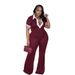 Women's Clothing Elegant Slim Fit Elastic Contrast Color Lapel Flared Jumpsuit_ecoleips.com