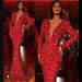 Women's Clothing Women's Dress Fishtail Edge Red Sparkling Long Sleeve V Neck Dress Long Skirt_ecoleips.com