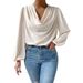Women's Clothing Elegant Textured Chiffon Blouse Long Sleeved Pleated Lantern Sleeve Top For Spring/Autumn_ecoleips.com