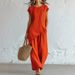 Women's Bohemian Two-Piece Set Round Neck Button Down Short Sleeve Top And Wide Leg Pants Beach Vacation_ecoleips.com