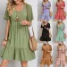 2026 Loose V-neck Short Sleeved Pleated Women Dress Solid Color A-line Beach Dresses Elegant Simple Comfortable Woman Clothing_ecoleips.com