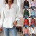 Women's Autumn V Neck Lace Trimmed Solid Color Shirt_ecoleips.com