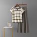 Women's Summer Color-Block Striped Polo Collar Top And Wide Leg Pants Two-Piece Set Casual Fashion Knitwear Short-Sleeved Loose Fit_ecoleips.com