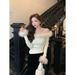 girl Christmas New Year Outfit Red Frayed Edge Knitted Women's Autumn Winter Slim Sexy Sweater Off-Shoulder Top_ecoleips.com