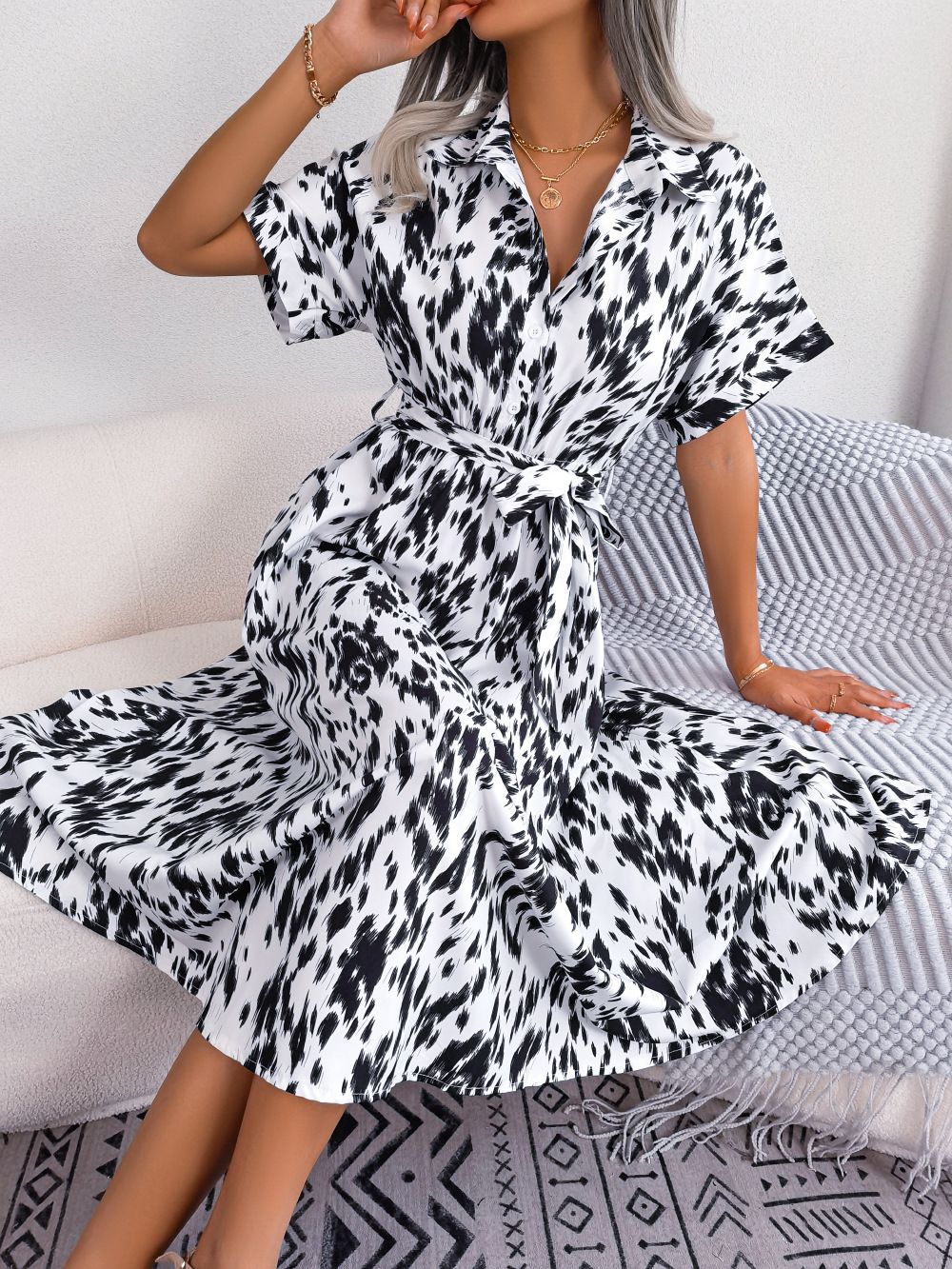 Real Shot Of 2026 Spring/summer European And American Casual Loose Leopard Print Tie-dye Shirt Dress Cross-border_ecoleips.com