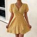 Women Elegant Party Dress Sexy V‑Neck With Belt, Romantic Ruffle Details And Trendy All‑Over Print_ecoleips.com