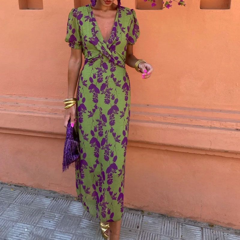 Women's Clothing Fashion Contrast Color Printed Long Skirt Elegant Slim V Neck Short Sleeved Dress_ecoleips.com