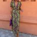 Women's Clothing Fashion Contrast Color Printed Long Skirt Elegant Slim V Neck Short Sleeved Dress_ecoleips.com