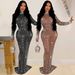 Women's Clothing Elegant Mesh Rhinestone Embellished Solid Color Long Dress Round Neck Long Sleeve Midi Dress Stretch Polyester Spandex Bodycon Dress_ecoleips.com