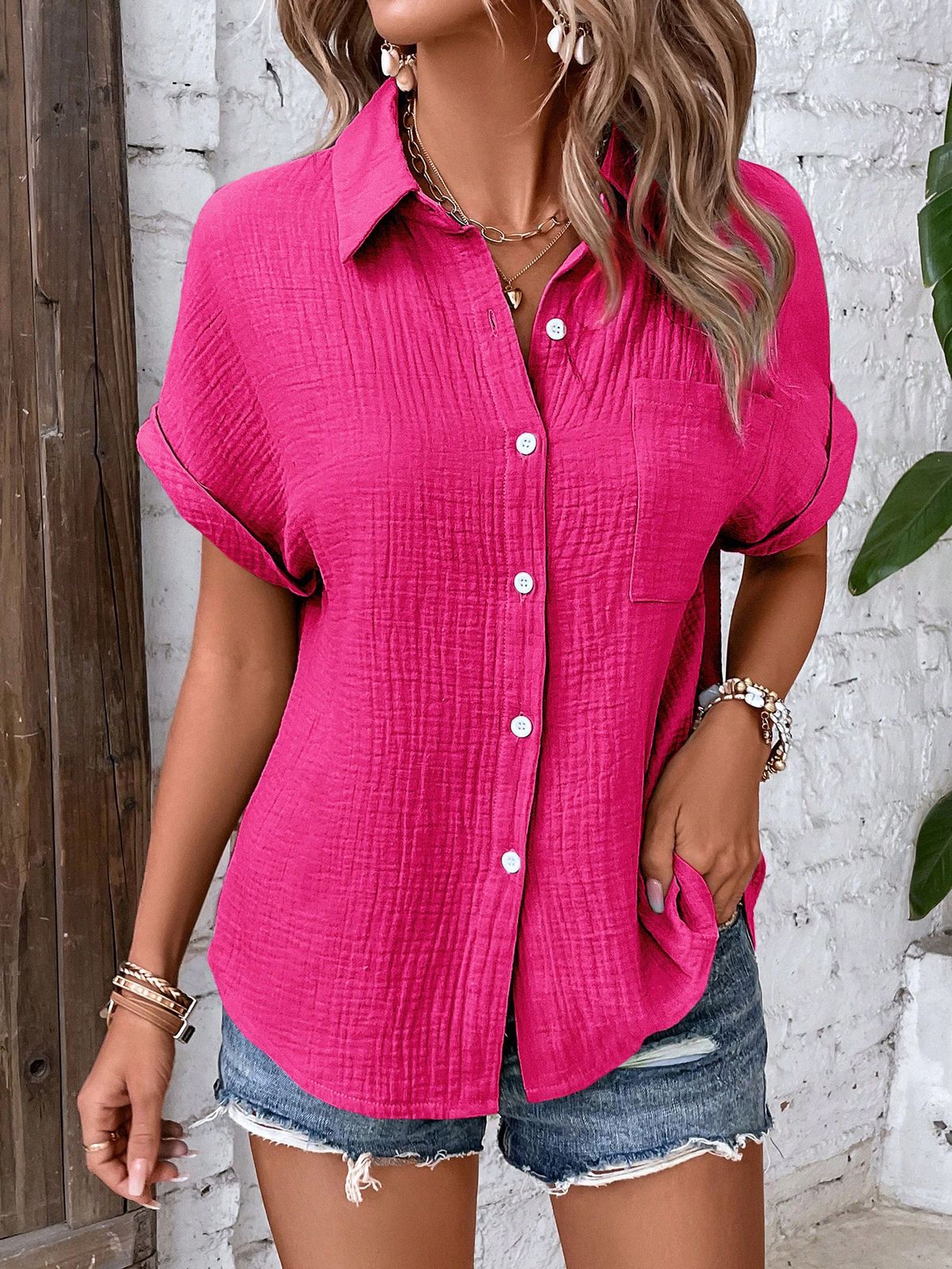 Women's Clothing Summer New Shirts Women's Casual Solid Color Wrinkled Bat Sleeve Button Shirts For Women_ecoleips.com
