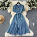 French Style Chic V Neck Dress Metal Buttons Cinched Waist Slimming Mesh Lace Ruffles_ecoleips.com