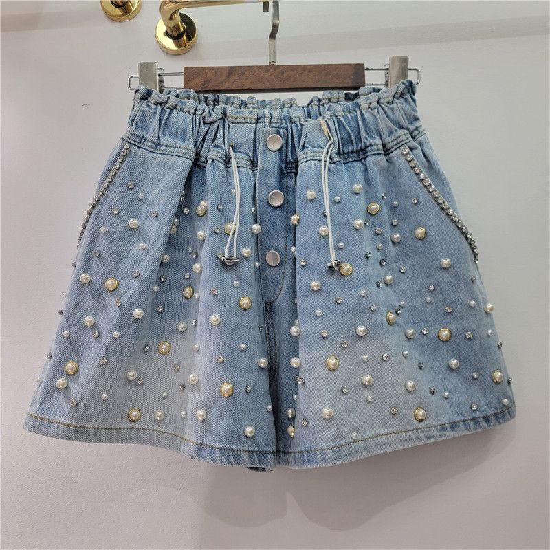 Women's Clothing New Heavy Beaded Diamond High Waist Loose Slim Wide Leg Denim Shorts_ecoleips.com