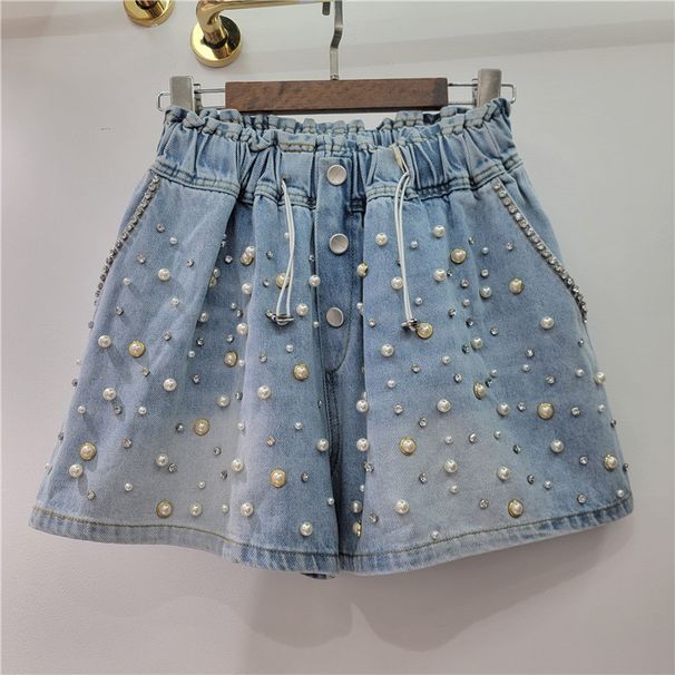 Women's Clothing New Heavy Beaded Diamond High Waist Loose Slim Wide Leg Denim Shorts_ecoleips.com