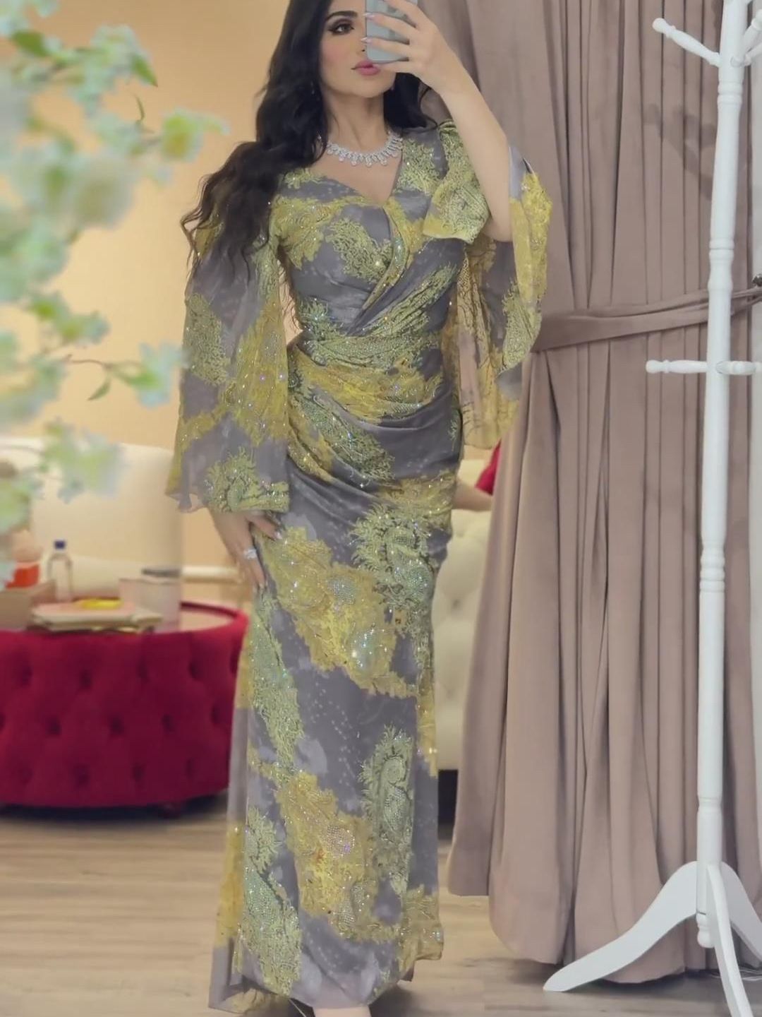 Floral Chiffon Ball Gown – Elegant Long Sleeve Party Dress (S-XXL, Printed, Polyester, Summer Collection)_ecoleips.com