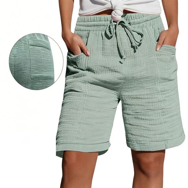 Summer High-Waisted Women's Shorts with Pockets Double Layer Pleated Cotton Drawstring 5-Point European American Style_ecoleips.com